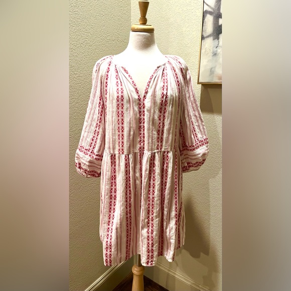 Velvet by Graham & Spencer Women's Boho Red White Long Sleeve Chambre Dress M - Picture 2 of 8